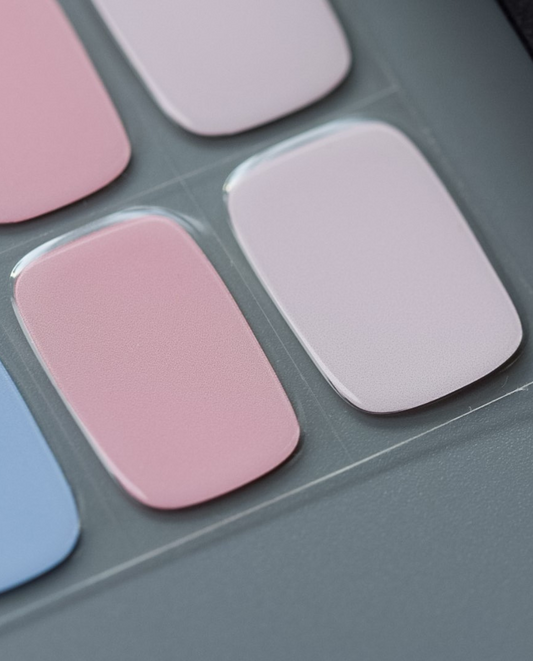 Dreamy Sorbet UV Gel Wraps von Die Nageltante in sanften Sorbetfarben neben der Produktverpackung.