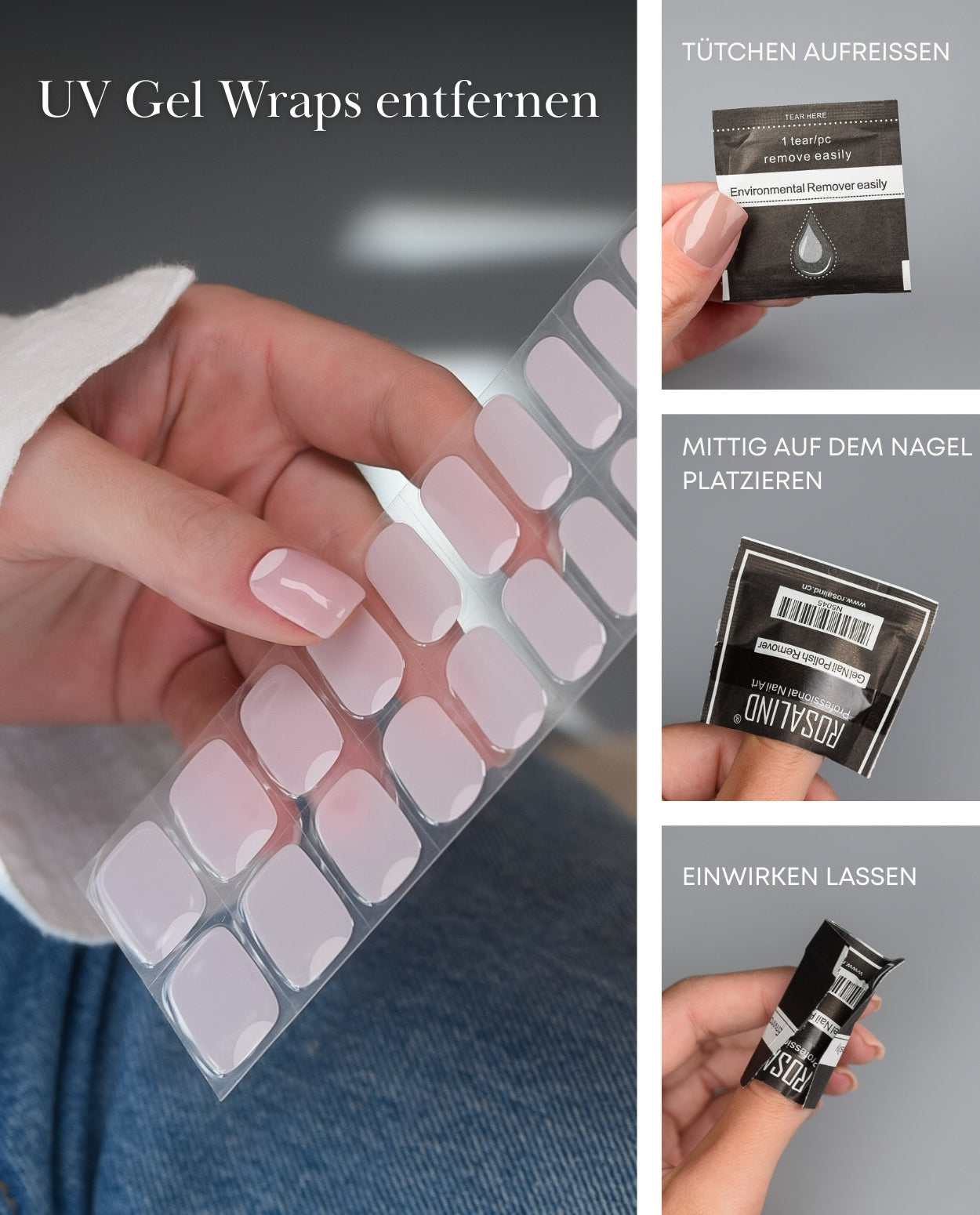 Entfernung der UV Gel Wraps – die Nagelfolien werden sanft abgelöst ohne Feilen oder Aceton für gepflegte Naturnägel.