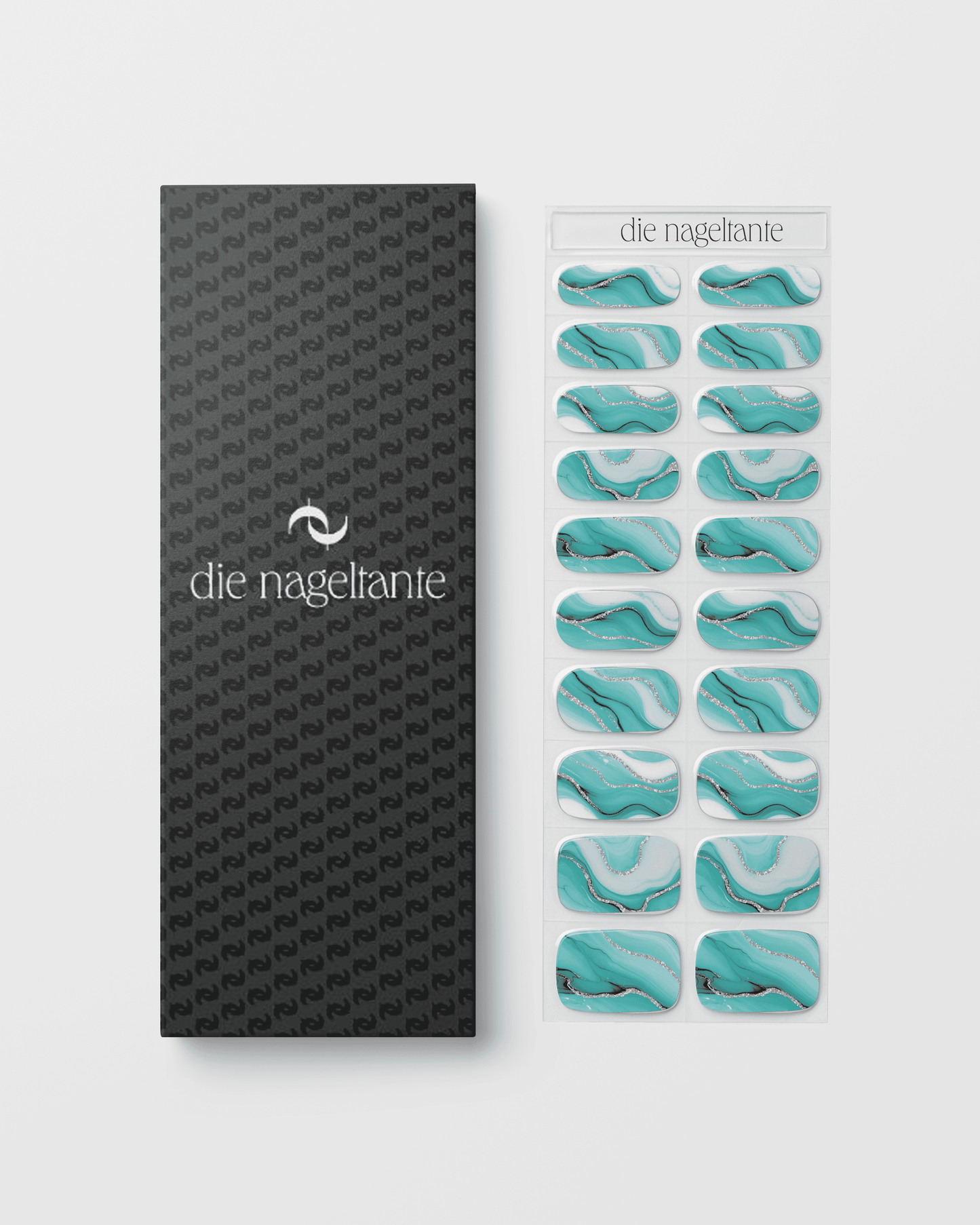 Verpackung der Tide & Seek UV Gel Wraps mit Übersicht der maritimen Marmor-Designs.