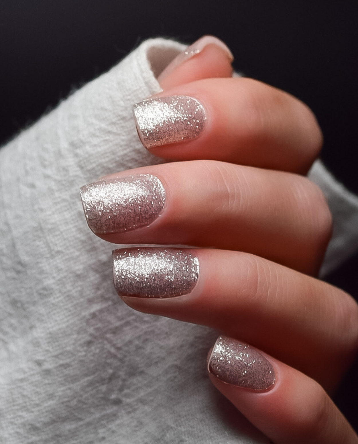 Hand mit UV Gel Wraps Gletscherfunken – silberne Full-Glitter-Nägel.