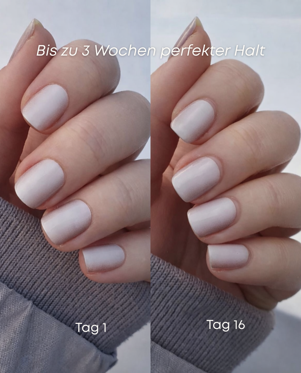 Vorher-Nachher Vergleich von UV Gel Wraps auf natürlichen Nägeln mit milchig-weißem Finish (Tag 1 vs. Tag 16). Sichtbar gleichmäßiger, glänzender Look mit bis zu 3 Wochen Halt – uv nailwraps von Die Nageltante für langanhaltende, salonfähige Maniküre ohne Absplittern.