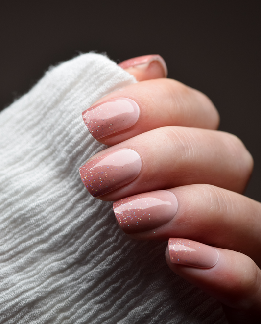 UV Gel Wrap Design Nude, but better mit Nude-Ombre und dezentem Holo-Glitzer