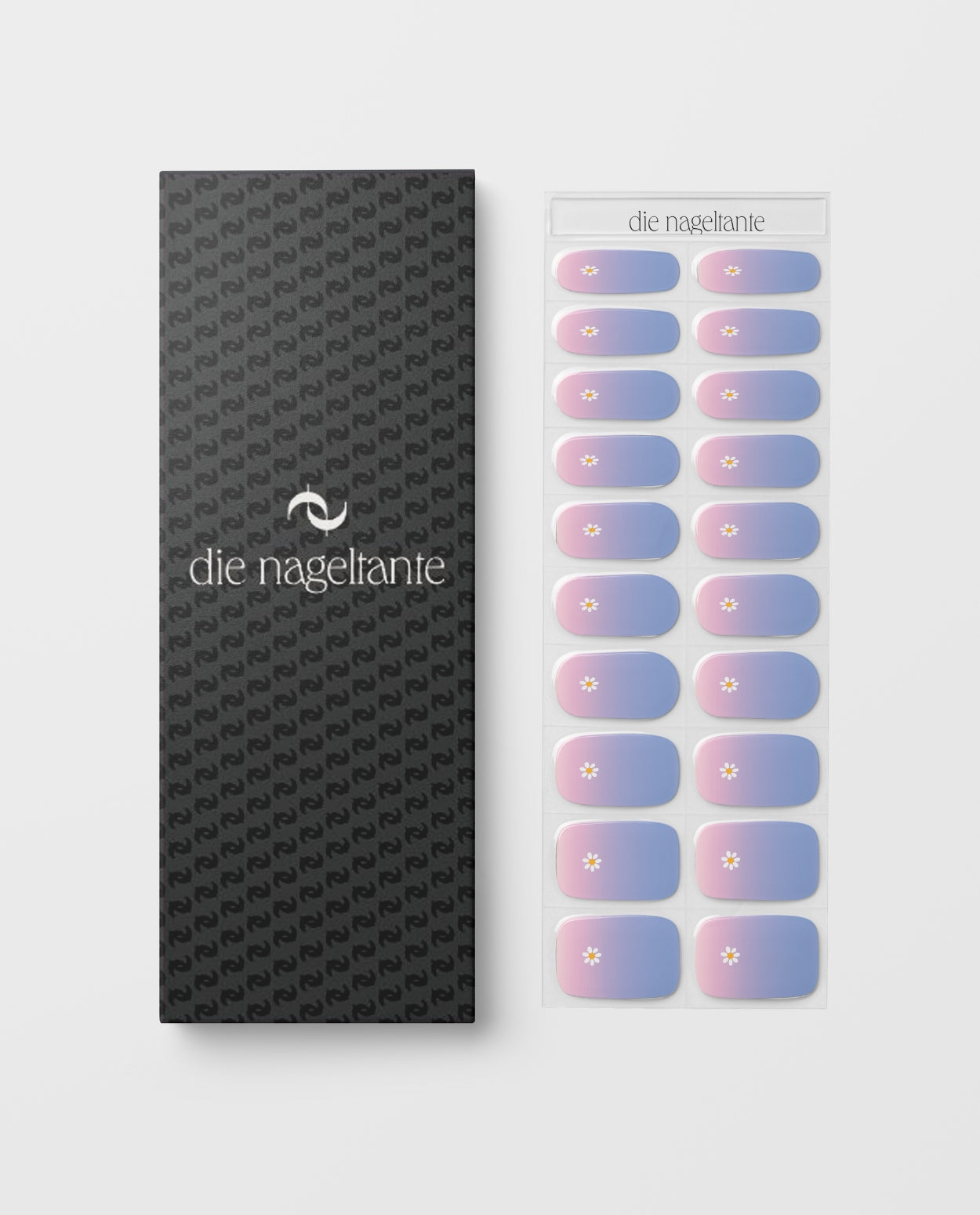 Verspielte uv nailwraps mit Pastell Ombre und floralem Design Verpackung und Übersicht des Designs