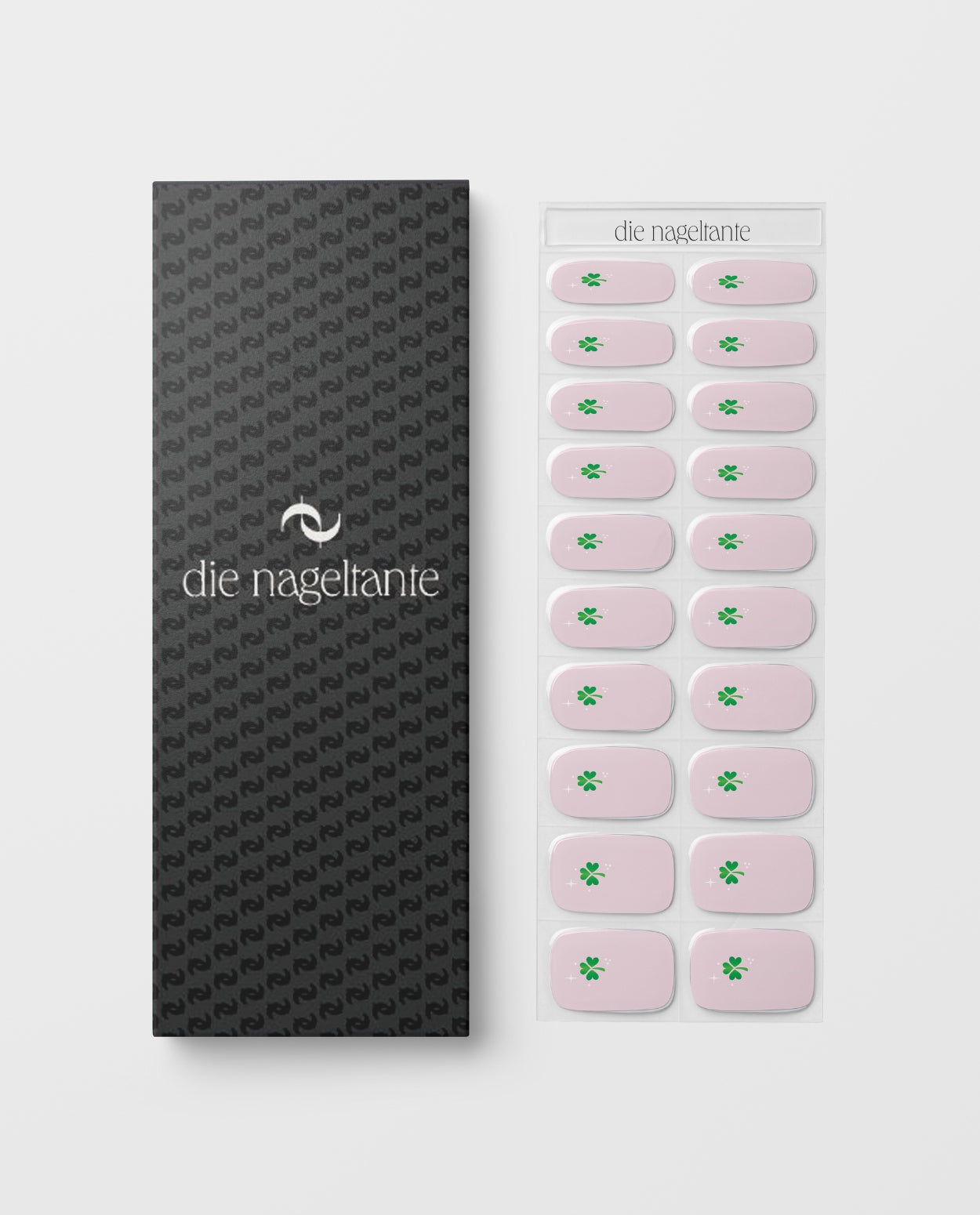 UV Gel Wraps Lucky Me – Designübersicht und Verpackung der UV Gel Maniküre für zuhause mit grünem Kleeblatt