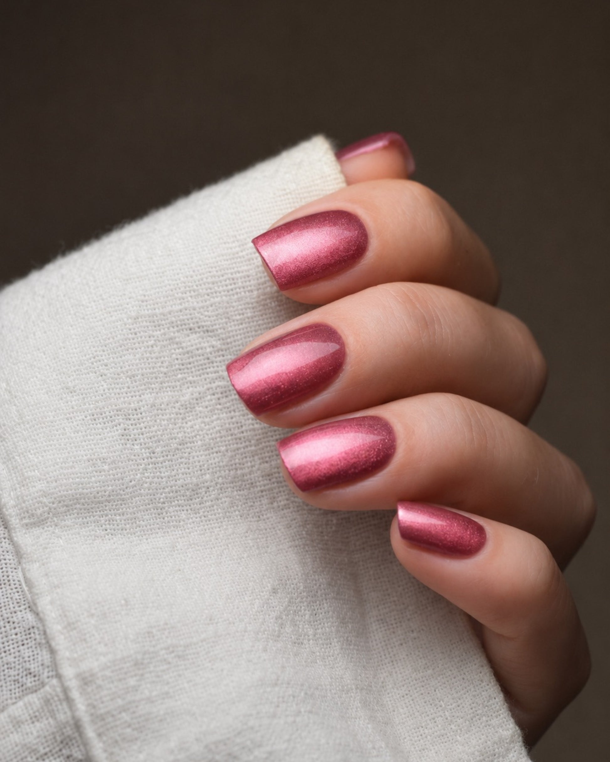 Abendbeere Cat Eye UV Gel Wraps in kräftigem Beerenton mit schimmerndem Cat-Eye-Finish auf den Fingernägeln.