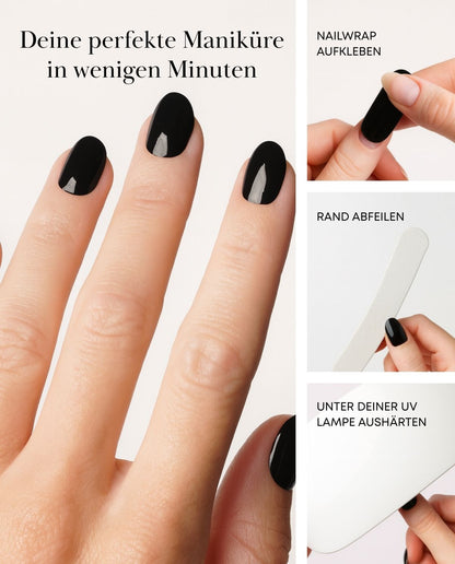 Anwendung der UV Gel Wraps Nougatkuss: passende Größe wählen, aufkleben, Überstand abfeilen und unter UV- oder LED-Lampe aushärten