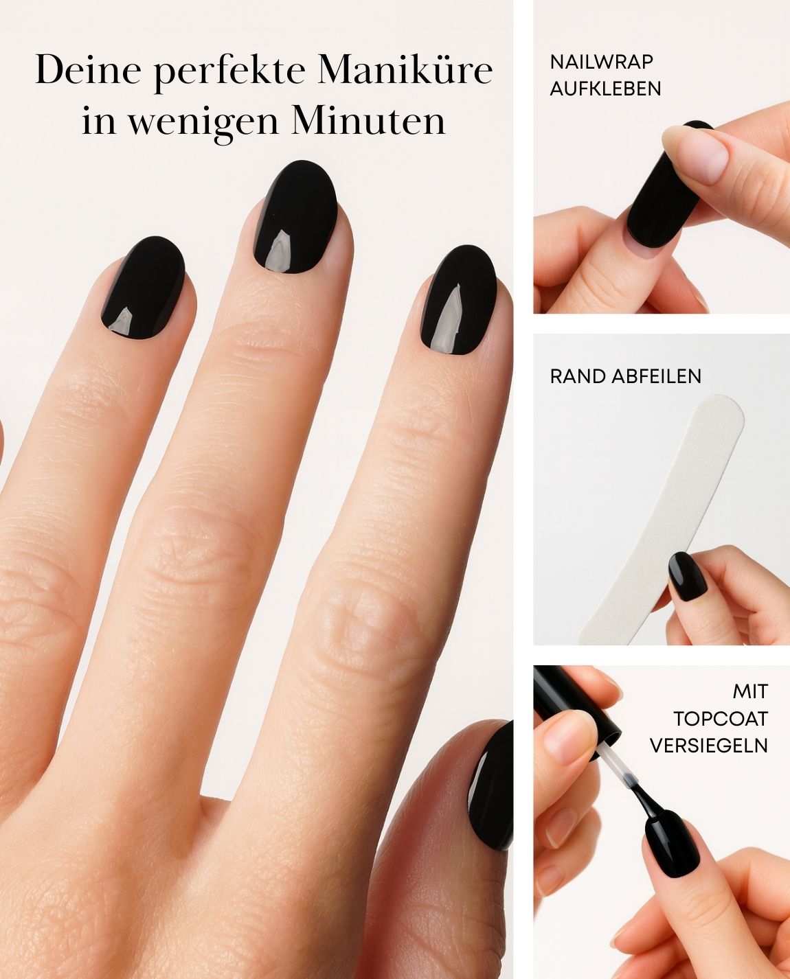 Anwendung der Nailpolish Wraps – selbstklebende Folien mit echtem Nagellack-Finish, einfach anzubringen und haltbar bis zu 14 Tage.
