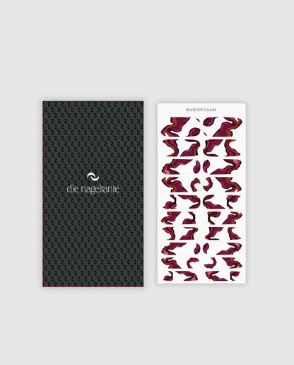 Nailpolish Wraps Bloody Glam– transparente Nailwraps mit Glanz und glitzernd rotem Muster - Übersicht Verpackung und Detailansicht