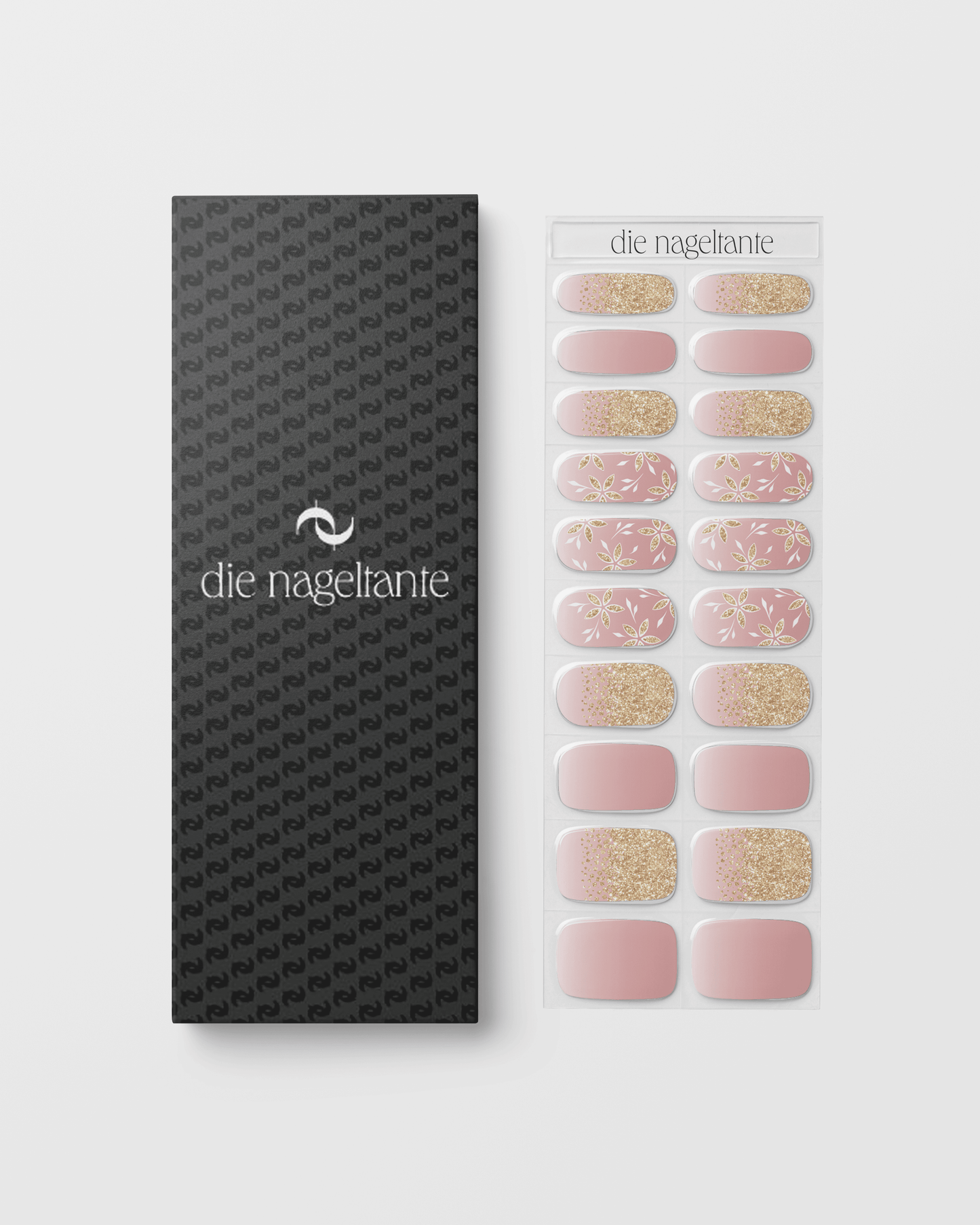 Verpackung der Blütenfunkeln UV Gel Wraps mit Übersicht der Rosé-, Nude- und Glitzerdesigns.