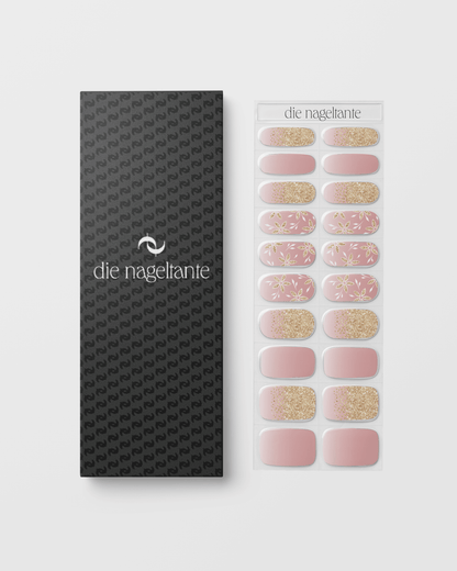 Verpackung der Blütenfunkeln UV Gel Wraps mit Übersicht der Rosé-, Nude- und Glitzerdesigns.