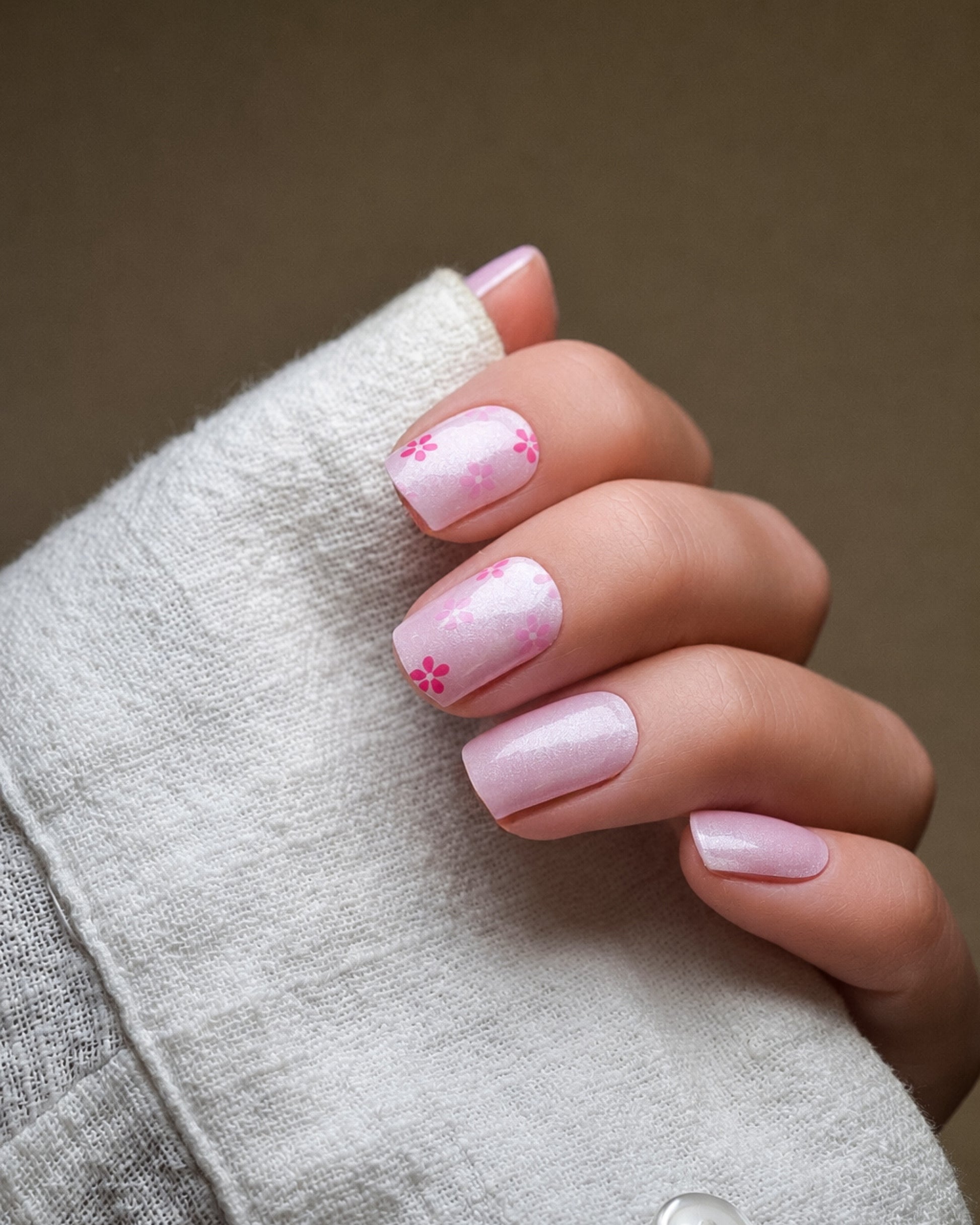 Blush Bouquet UV Gel Wraps in zartem Rosé mit pinken Blütenmotiven auf den Fingernägeln.