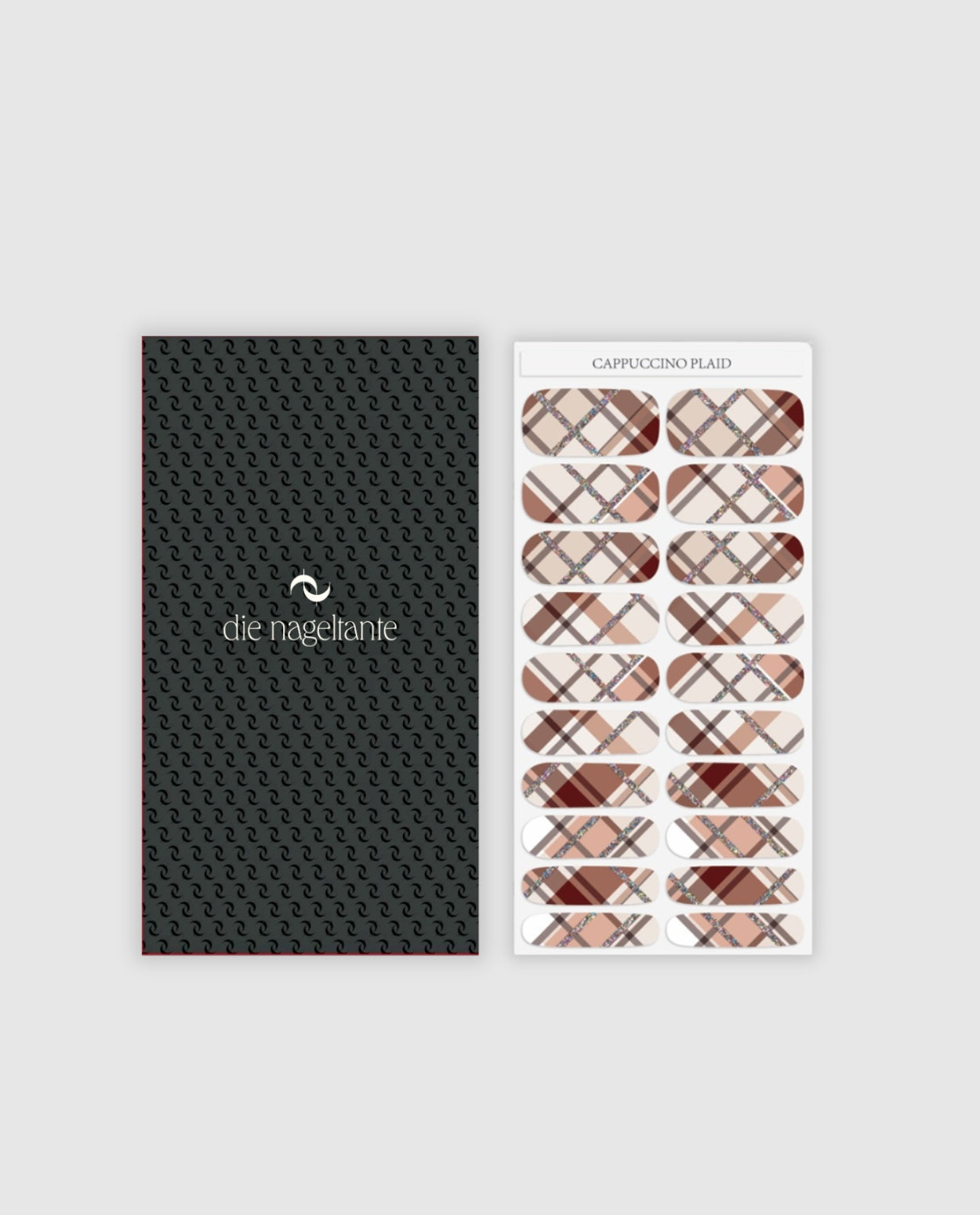 Bogen mit Nailpolish Wraps Cappuccino Plaid – 20 Wraps im Karo-Muster mit Glitzerstreifen in Braun- und Beigetönen