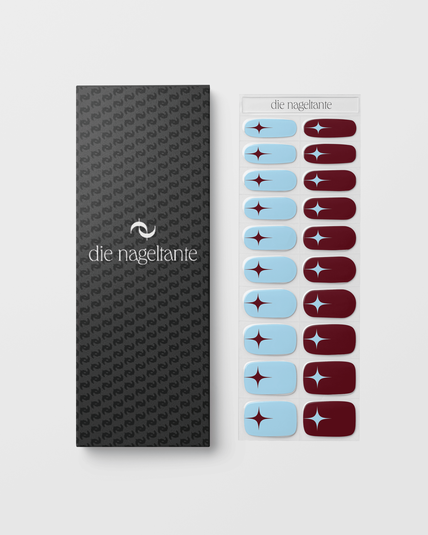 Verpackung der Cherry Cola UV Gel Wraps mit Übersicht der kirschroten und himmelblauen Designs.