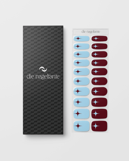 Verpackung der Cherry Cola UV Gel Wraps mit Übersicht der kirschroten und himmelblauen Designs.