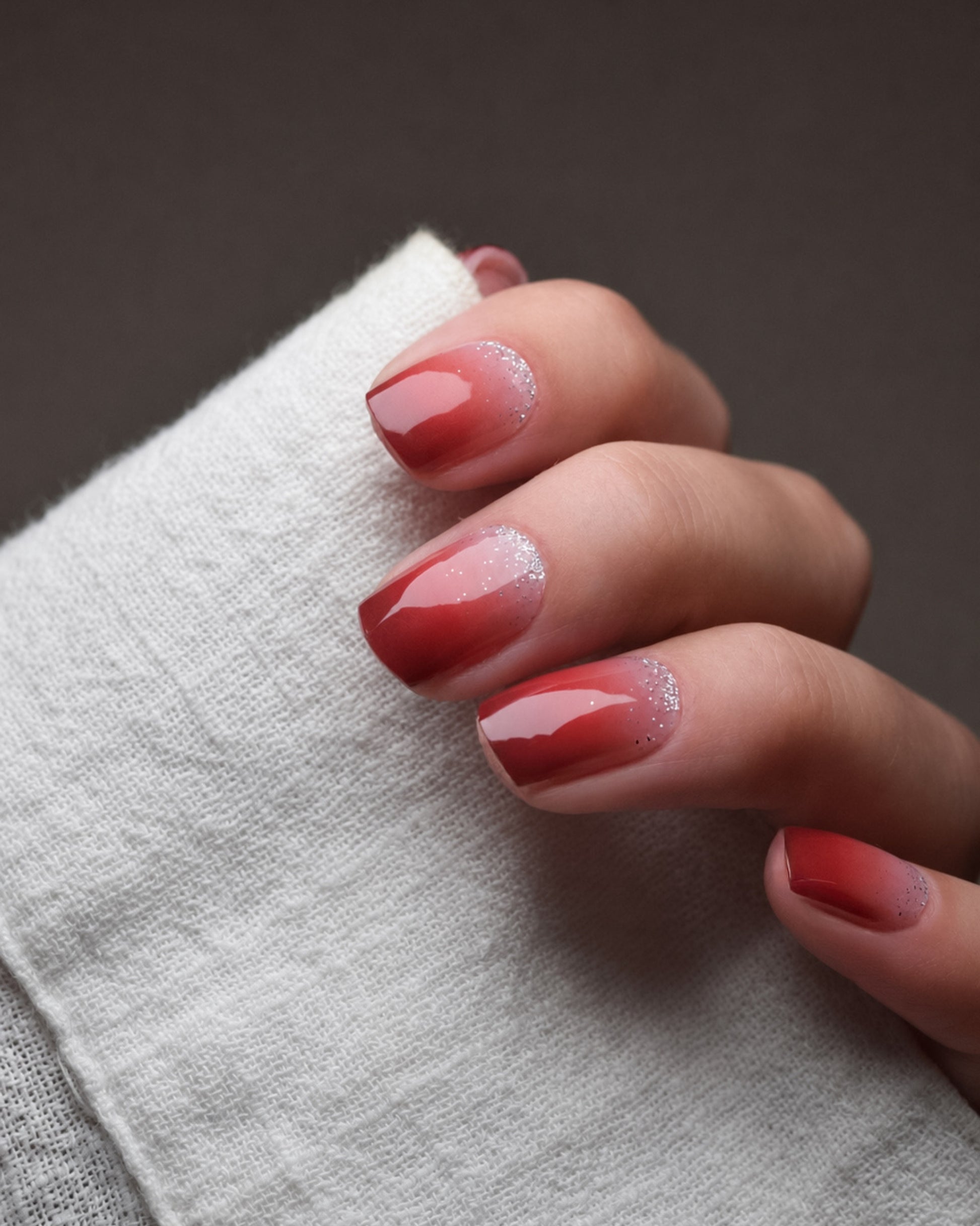 Cherry Wine UV Gel Wraps mit kirschrotem Farbverlauf, zartem Nagelbett und feinen Glitzerakzenten auf den Fingernägeln.