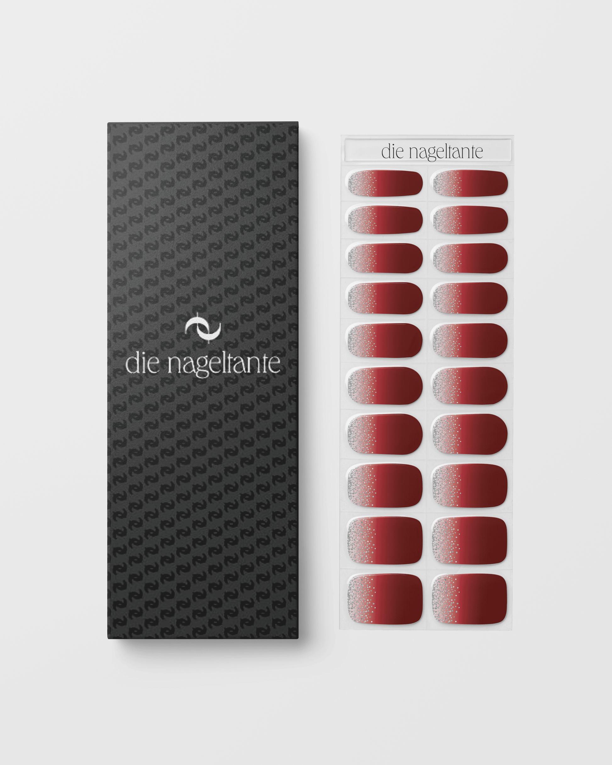 Verpackung der Cherry Wine UV Gel Wraps mit Übersicht der kirschroten Glitzerdesigns.