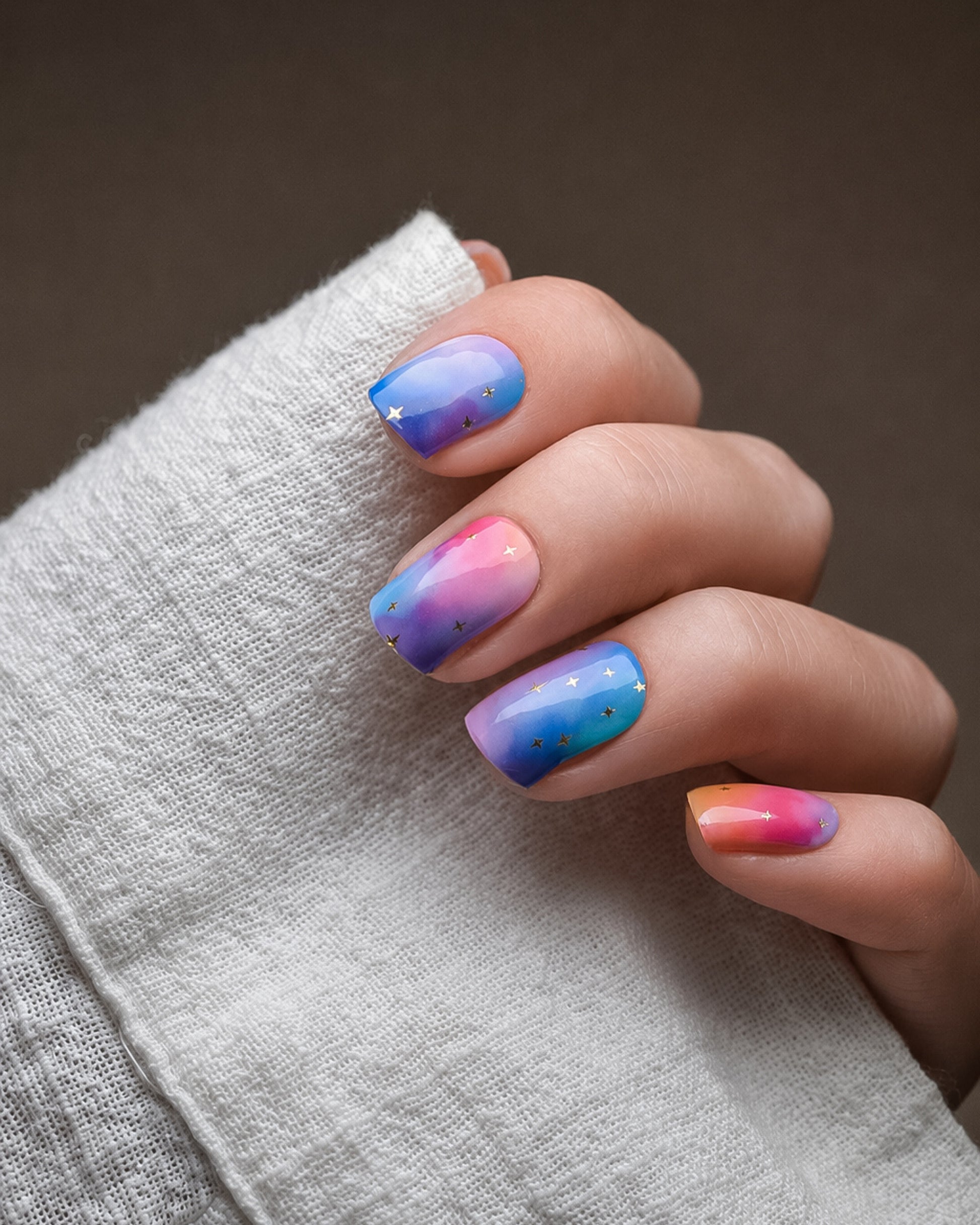 Cotton Candy Cosmos Nailpolish Wraps mit leuchtenden Blau-, Pink- und Violetttönen sowie goldenen Metallic-Sternen auf den Fingernägeln.