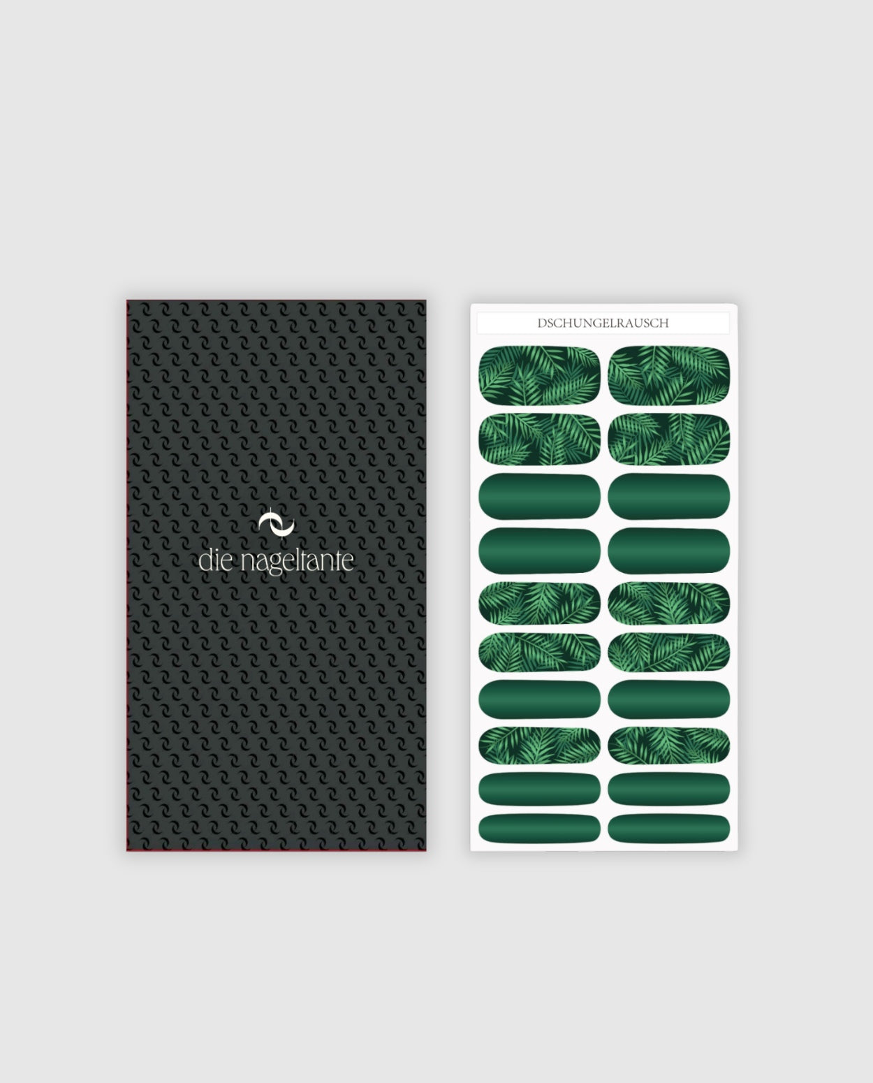 Produktbogen Nailpolish Wraps Dschungelrausch – 20 selbstklebende Wraps in tropischem Grün mit Blättern.