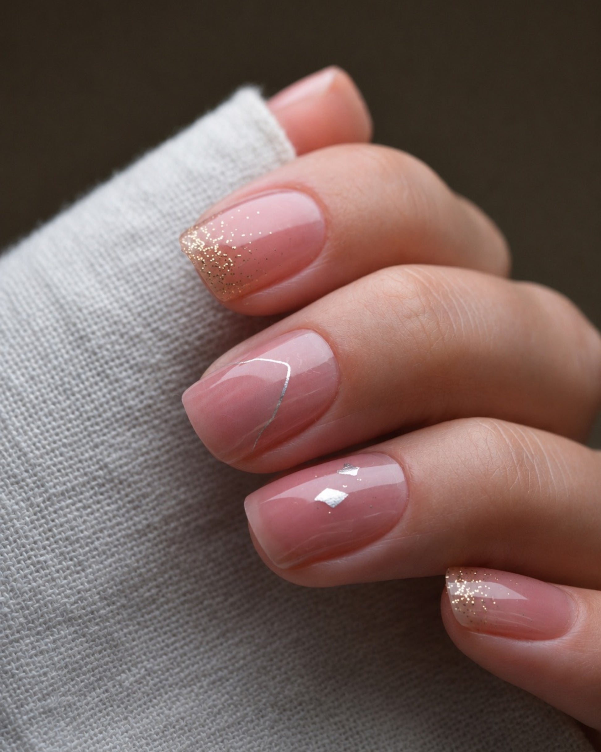 Dusty Glam UV Gel Wraps in zartem Rosé mit feinem Schimmer und eleganten Glitzerakzenten auf den Fingernägeln.