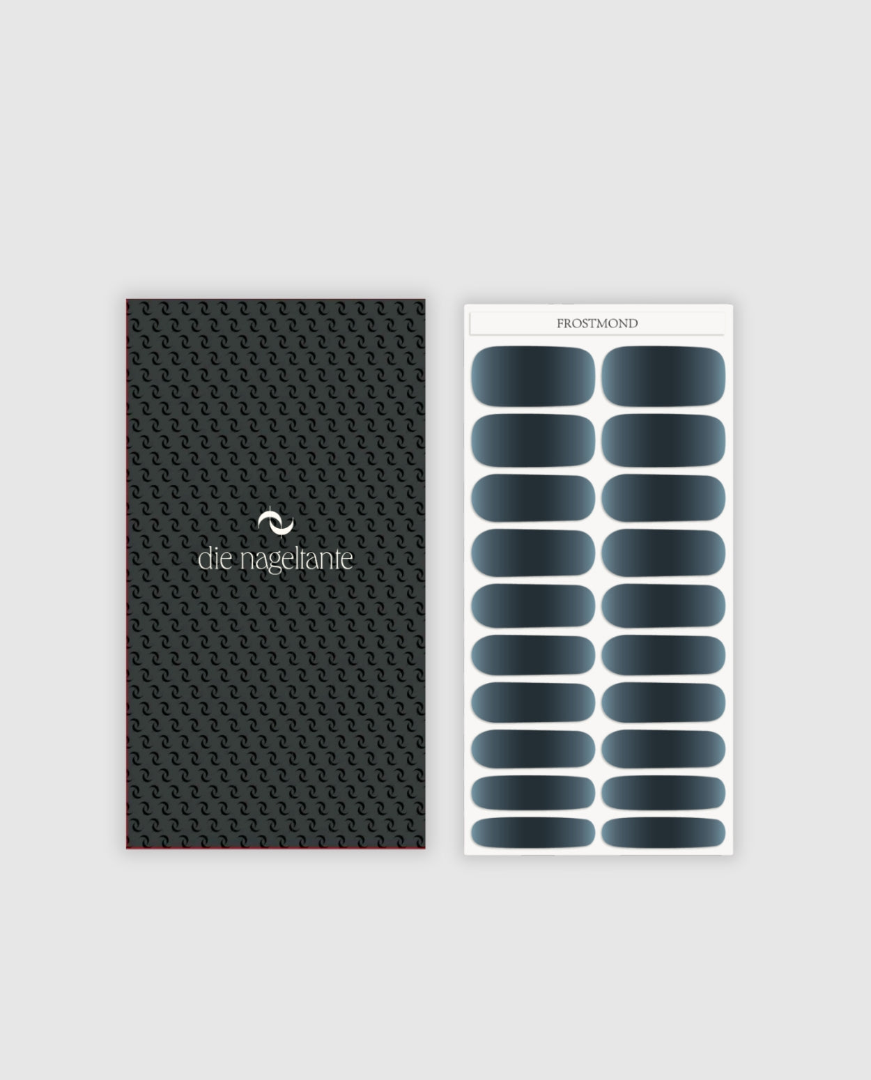 Nahaufnahme der Nailpolish Wraps Frostmond – edler Farbverlauf von Blau zu Grau.
