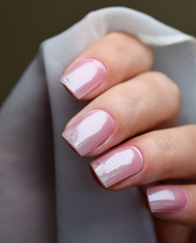 Gentle Flowers – UV Gel Wraps in Rosé mit zarten Blüten-Details, Maniküre-Ergebnis.