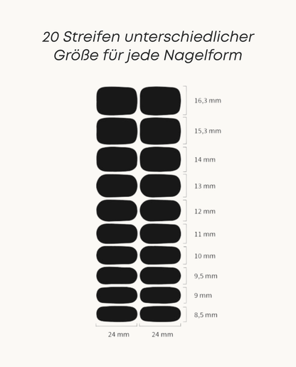Übersicht der Größen von UV Gel Wraps mit 20 Streifen in verschiedenen Breiten für jede Nagelform. uv nailwraps von Die Nageltante passen sich optimal an kurze und lange Nägel an und ermöglichen eine präzise, individuelle Anwendung für ein perfektes Ergebnis.