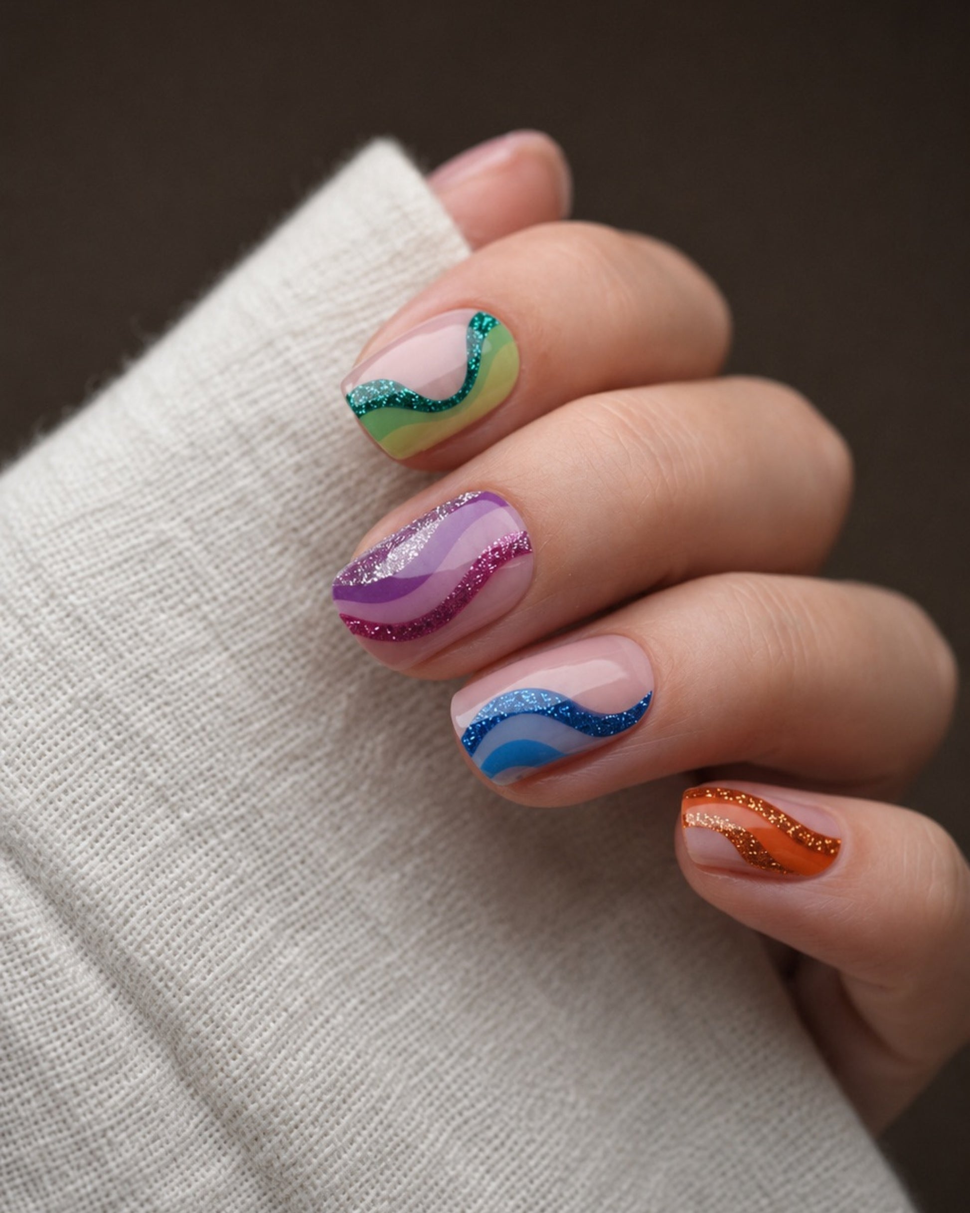 Mood Swing UV Gel Wraps mit bunten Wellenlinien in Pink, Blau, Grün, Orange und Violett auf den Fingernägeln.