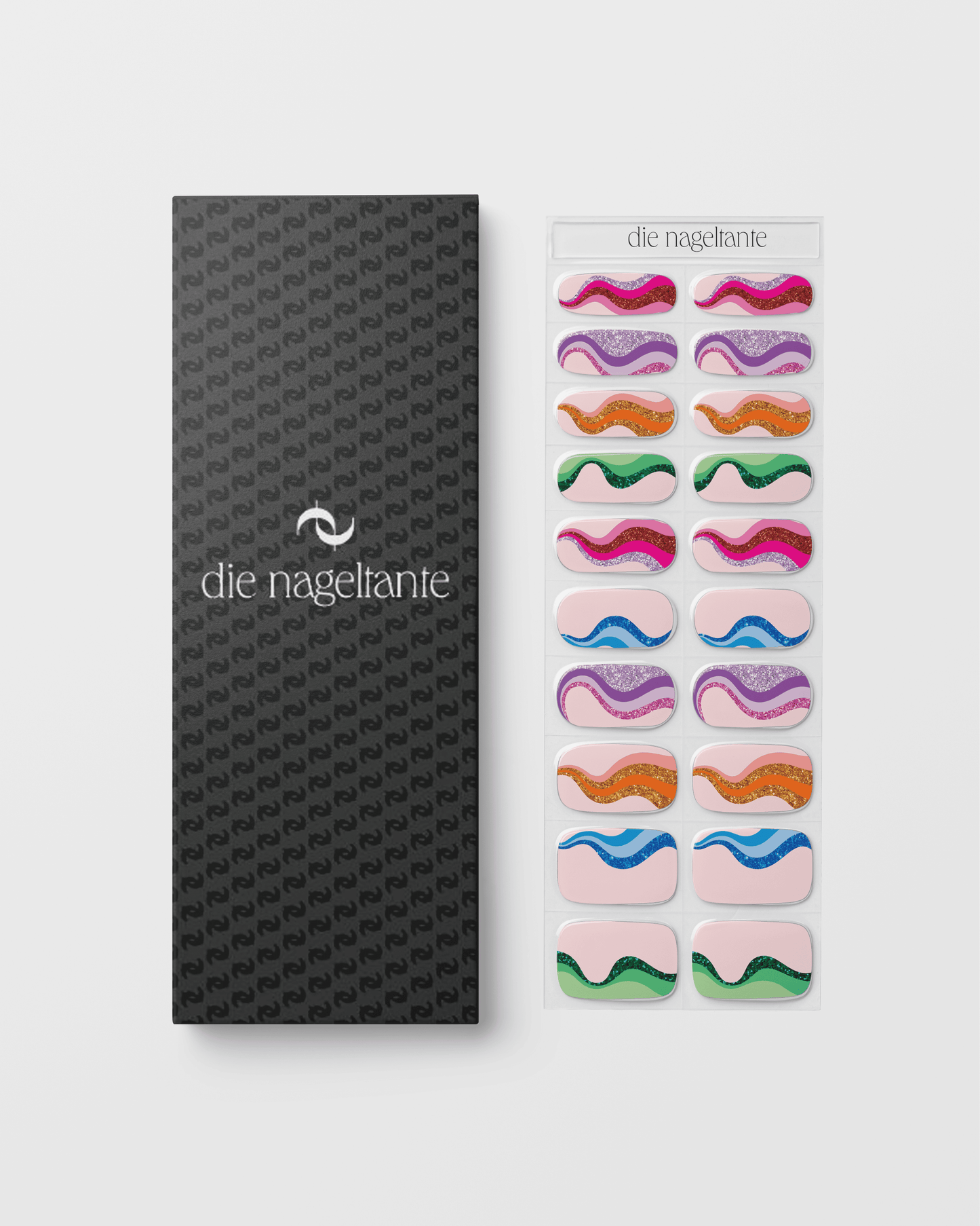 Verpackung der Mood Swing UV Gel Wraps mit Übersicht der bunten Wellen-Designs.