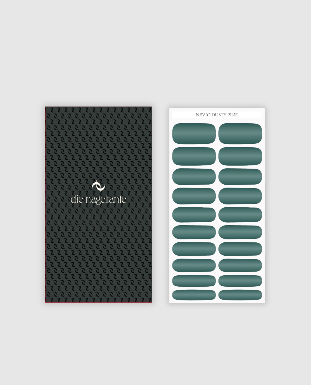 Produktübersicht: Bogen mit Nevio Dusty Pine Nailpolish Wraps, 20 Größen auf Trägerfolie.