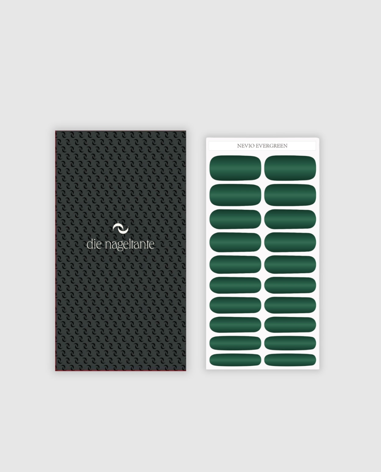 Produktansicht der Nevio Evergreen Nailpolish Wraps auf Trägerfolie – 20 Wraps in verschiedenen Größen.