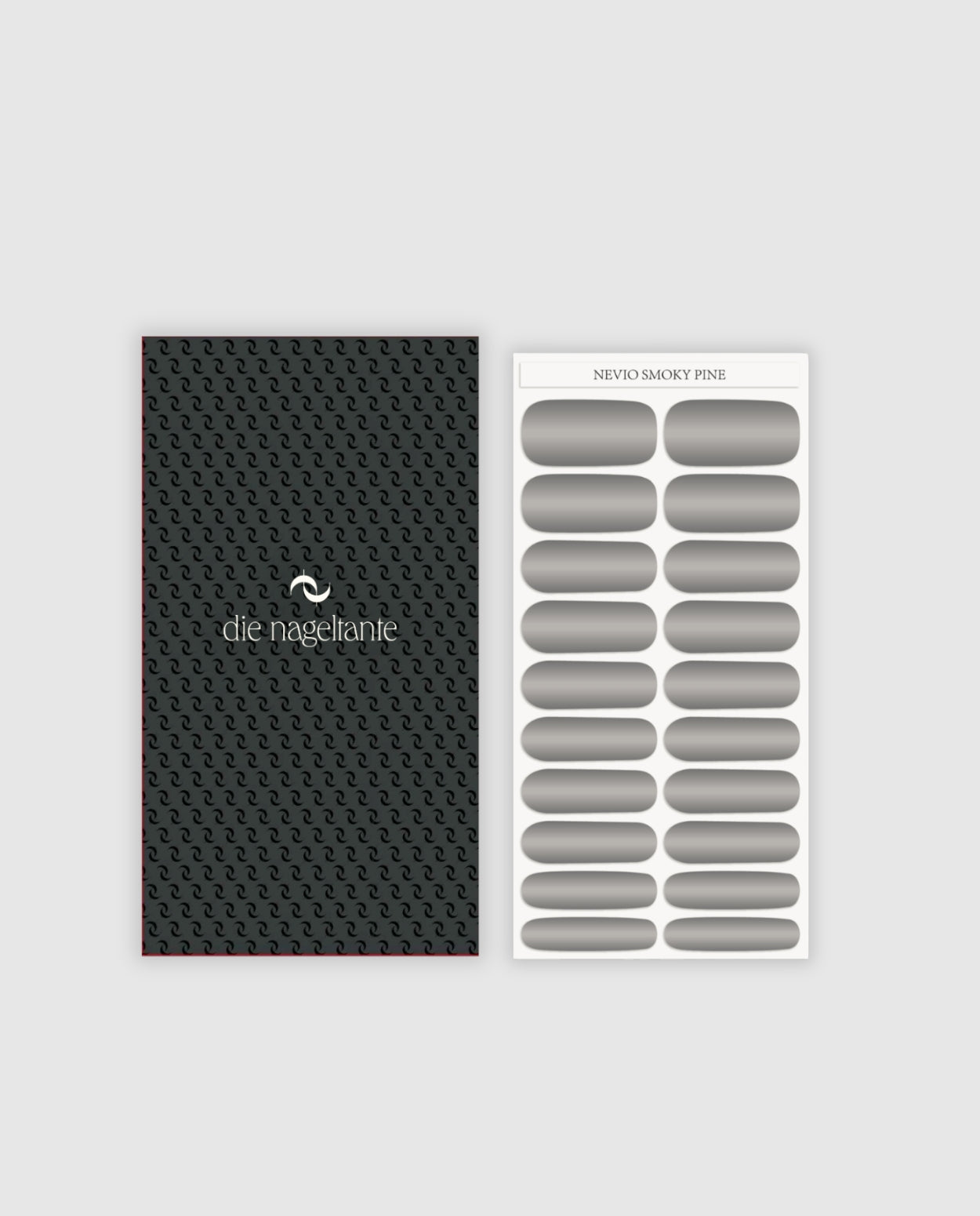 Nahaufnahme der Nailpolish Wraps Nevio Smoky Pine – eleganter, moderner Grauton mit feinem Glanz.
