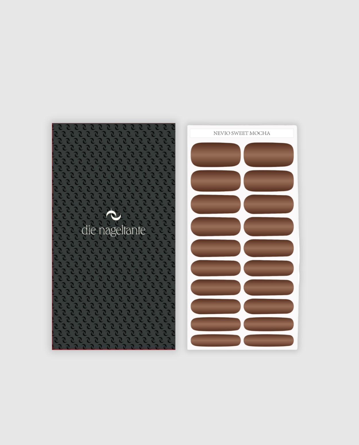 Produktbogen mit Nevio Sweet Mocha Nailpolish Wraps – warmes Mokkabraun.