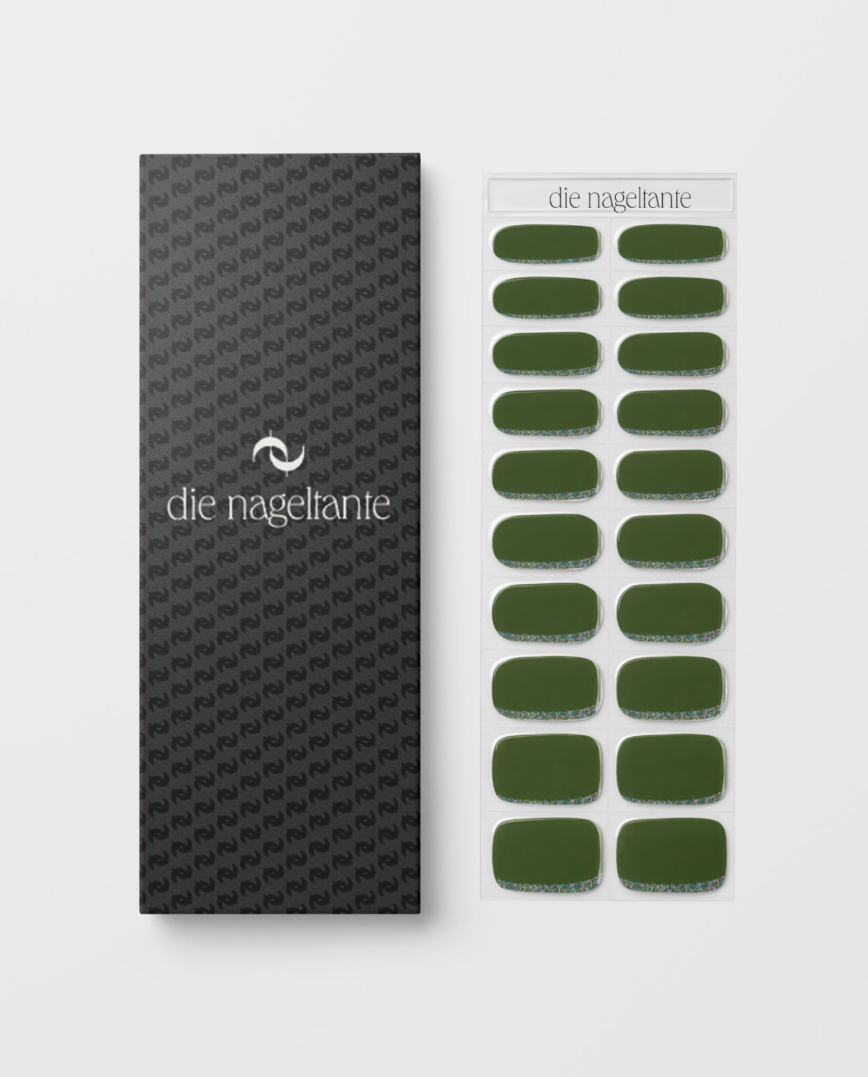 Detailaufnahme Olive Spark – Nail Wraps in tiefem Olivgrün.