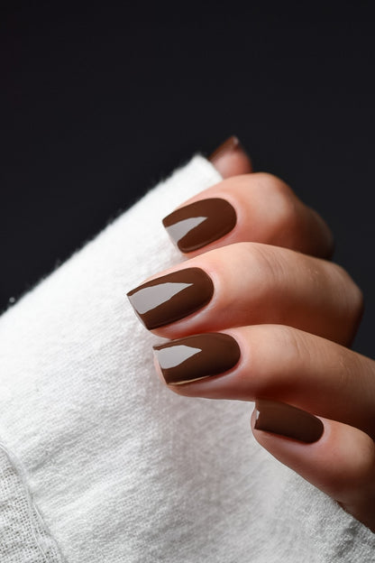 Hand mit langen Nägeln UV Gel Wraps Mocha – dunkelbraune Nägel im Kaffeeton.