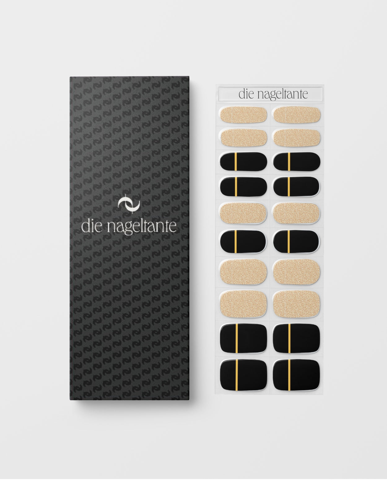 Produktbogen Nailpolish Wraps Black & Gold – 20 selbstklebende Wraps in edlem Schwarz mit Goldstreifen.