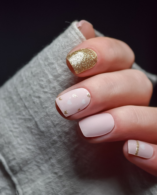 UV Gel Wrap Design Puderherzen in zarten Rosé-Tönen mit goldenen Herzdetails