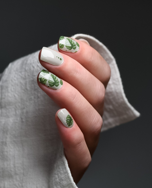 UV Gel Wrap Design Urban Jungle mit grünen Blattmotiven auf heller Base