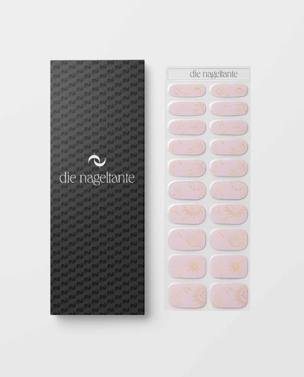 UV Gel Wraps Blush and Beyond – milchig rosy Nailwraps mit Glanz und goldenen Akzenten - Verpackung der Nail Wraps und Übersicht