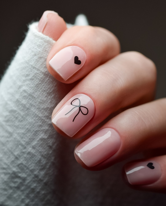 Hand mit UV Gel Wraps Lost in Love – Nude mit schwarzem Herz-Detail.