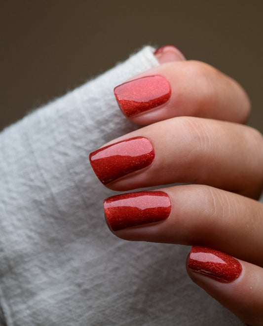 Mulled Wine – rote UV Gel Wraps mit feinem Schimmer-Effekt, perfekt für bis zu 3 Wochen Haltbarkeit, Nail Wraps aufgeklebt.