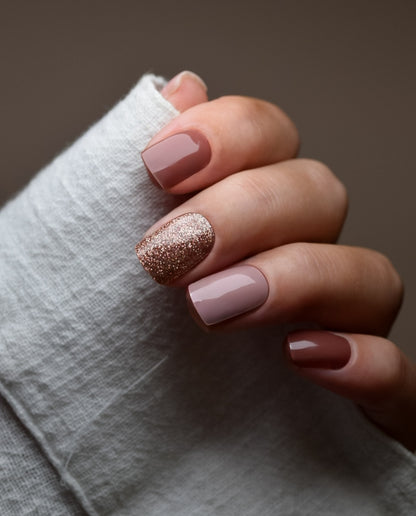 Hand mit UV Gel Wraps Mocha Sparkle – braune Nägel mit funkelndem Glitzer-Akzent.