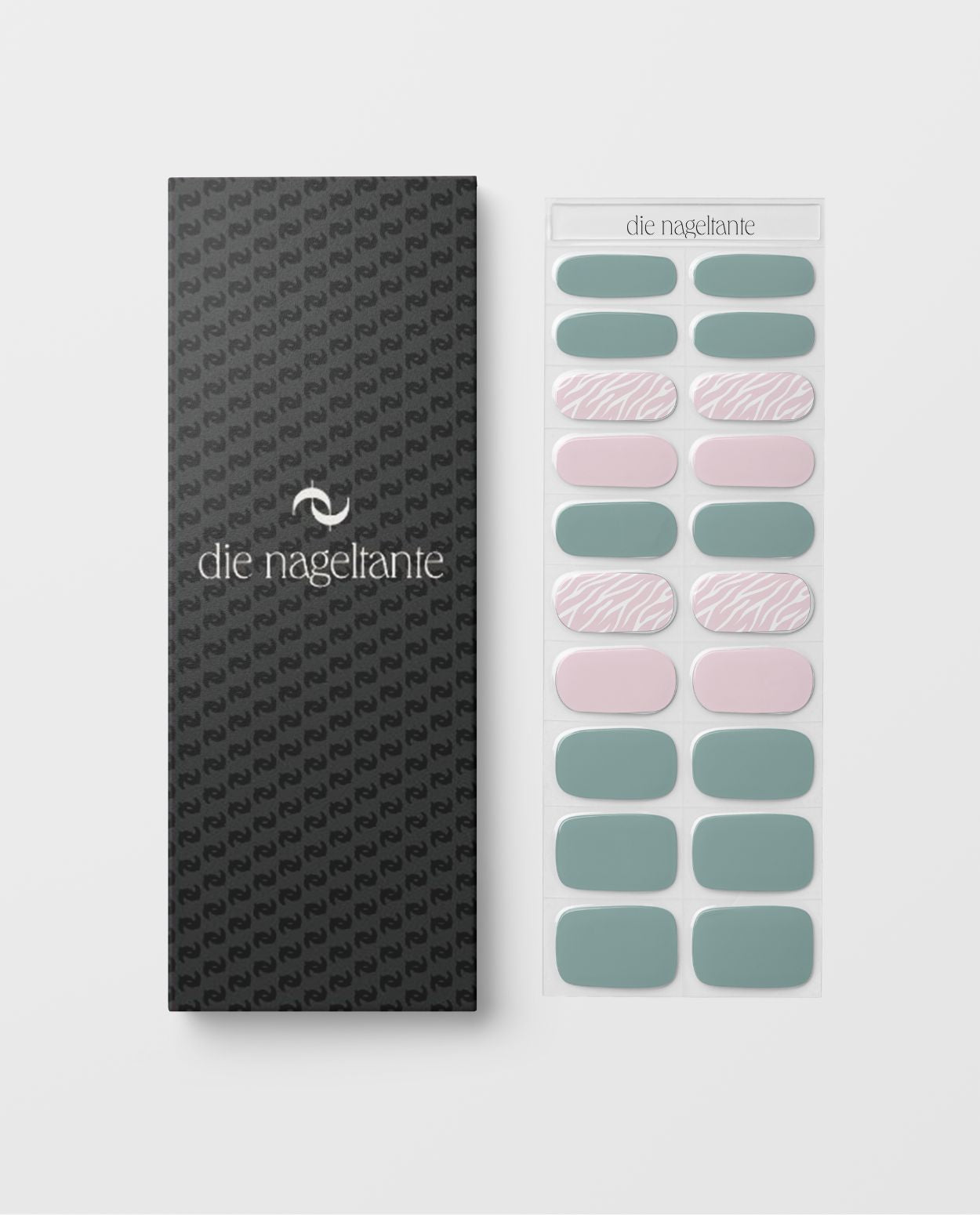 Produktbogen und Verpackung der UV Gel Wraps Olive Jungle – 20 Streifen Semi-Cured in Olive und Rosa mit Muster.