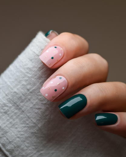 Hand mit UV Gel Wraps Festive Dots – rosa Nägel mit Punkten und dunkelgrünem Akzent.