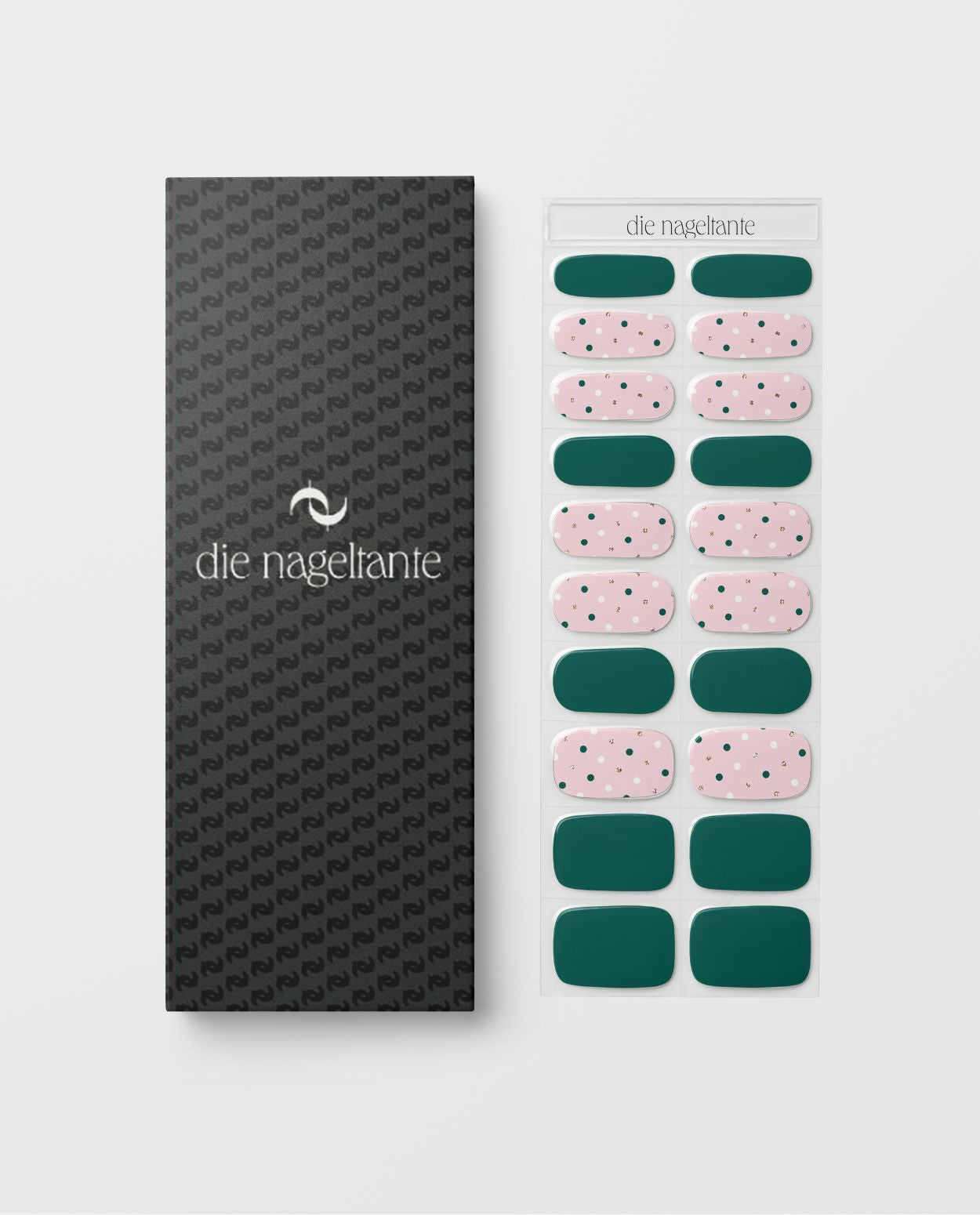 Produktbogen und Verpackung der UV Gel Wraps Festive Dots – 20 Streifen Semi-Cured im Punkte-Look.