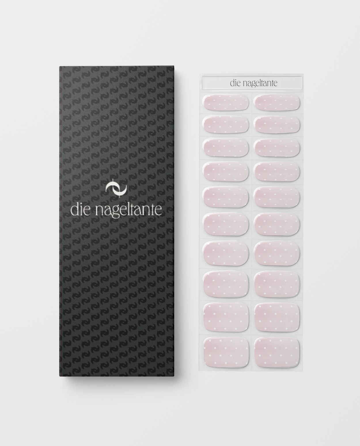 Produktbogen und Verpackung UV Gel Wraps Blush & Dots – 20 Streifen Semi-Cured im Rosé mit Punkt-Design.
