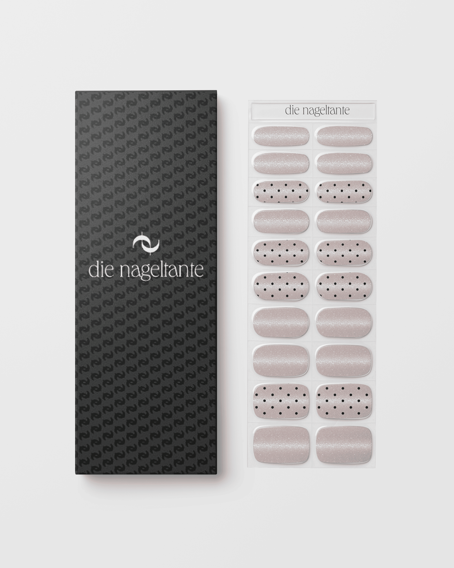 Verpackung der Pink Prosecco Cat Eye UV Gel Wraps mit Übersicht der roséfarbenen Cat-Eye-Designs.