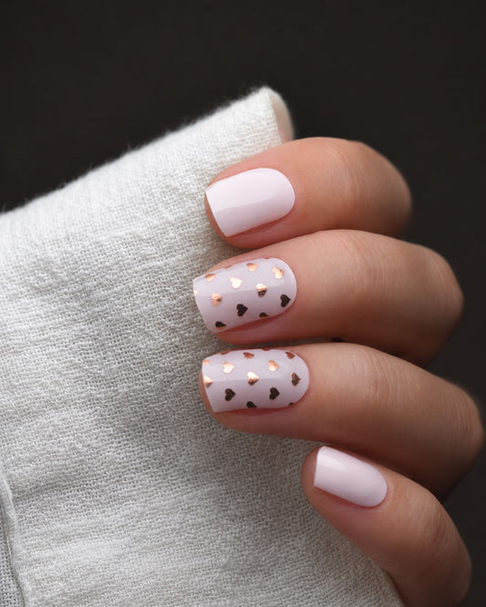Zuckersüß Nailpolish Wraps auf den Fingern getragen – transparentes Design mit roségoldenen Metallic-Herzchen.